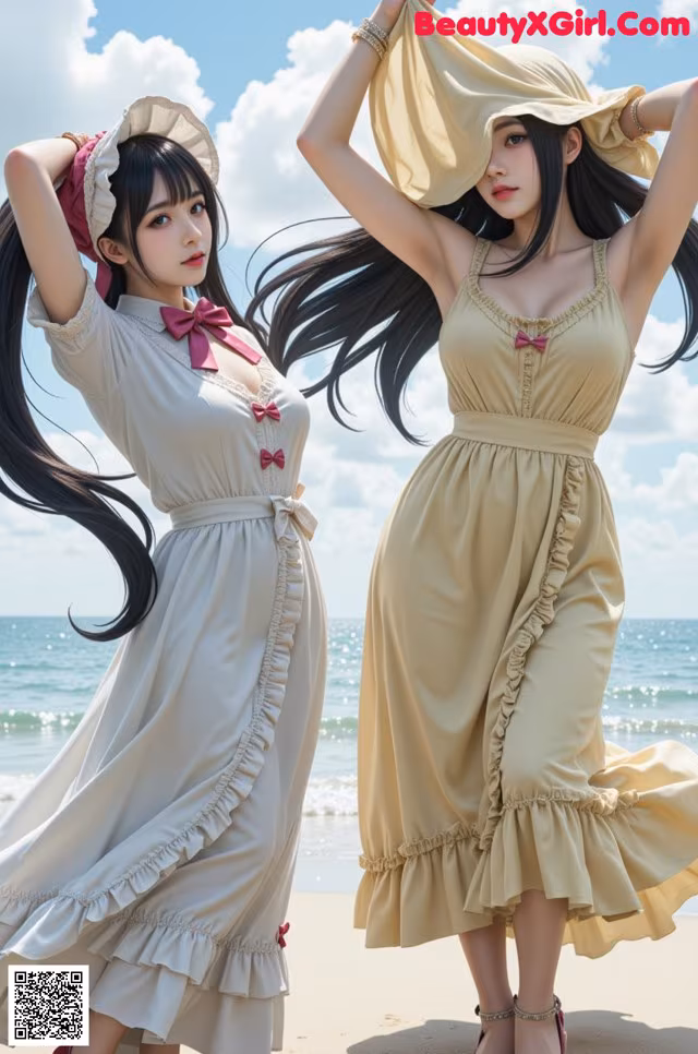 A couple of women standing next to each other on a beach.