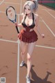 A woman in a bikini holding a tennis racket on a tennis court.