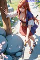 A woman in traditional attire holds a sword, standing near a wooden post and large stones.