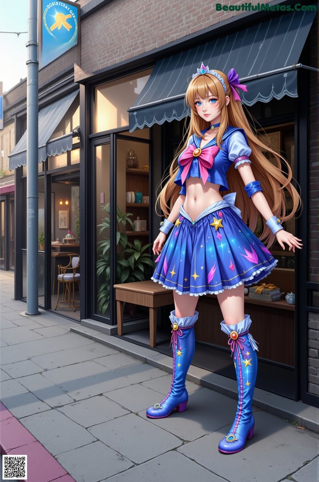 A girl in a blue dress and boots standing on a sidewalk.