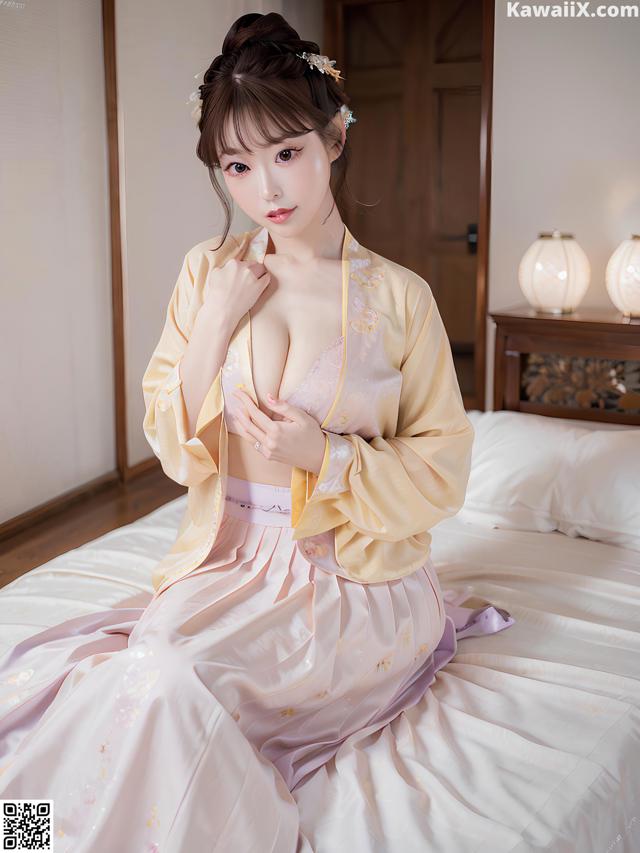A woman in a pink and yellow kimono sitting on a bed.