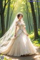 A woman in a wedding dress standing in the woods.